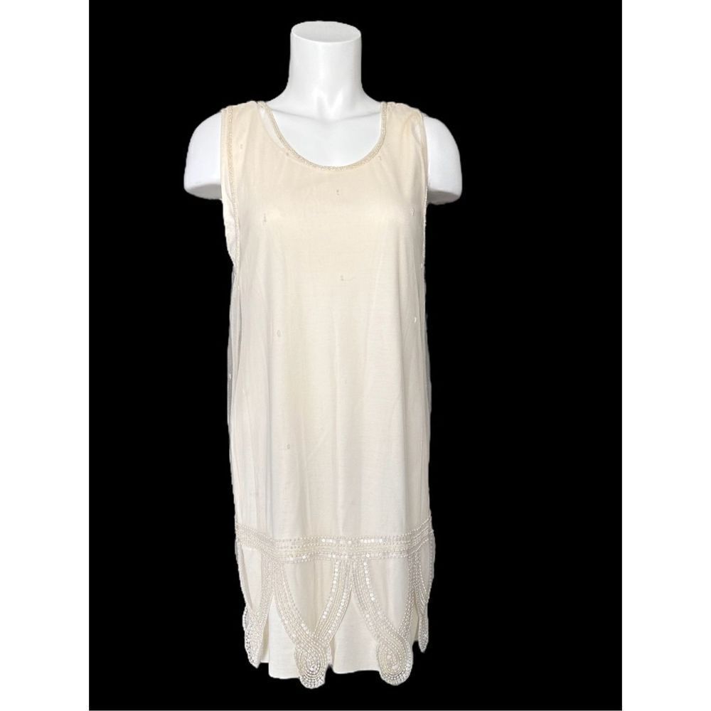 Women’s White Beaded Lace Overlay Handmade Tank Dress Size Small